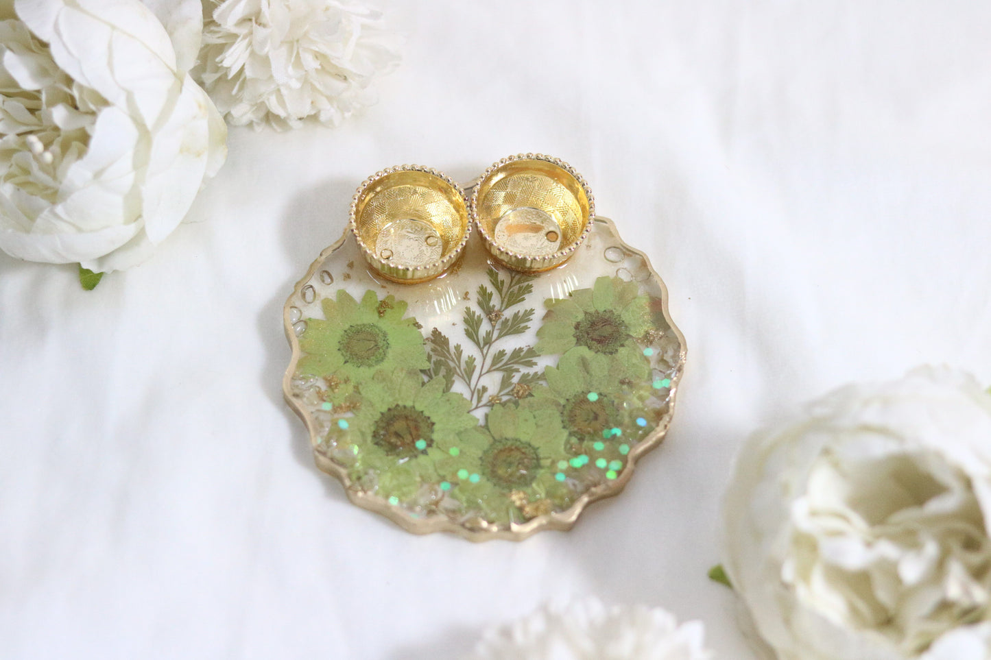 "Floral Harmony: Handcrafted Green Flower Resin Pooja Thali"