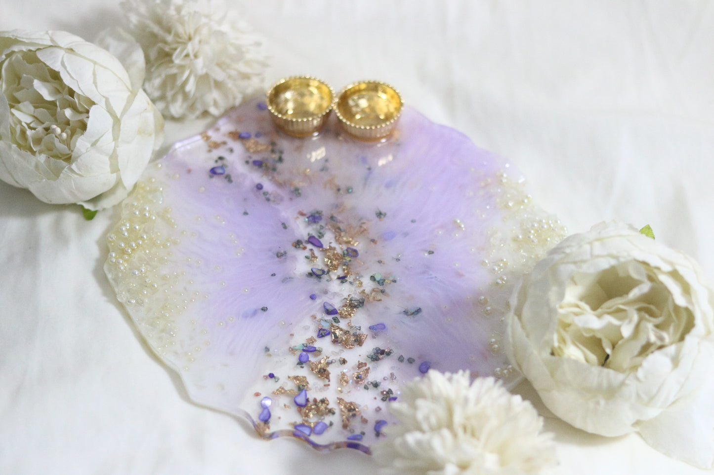 "Exquisite Lavender & Gold Resin Pooja Thali with Pearl Embellishments"- Big