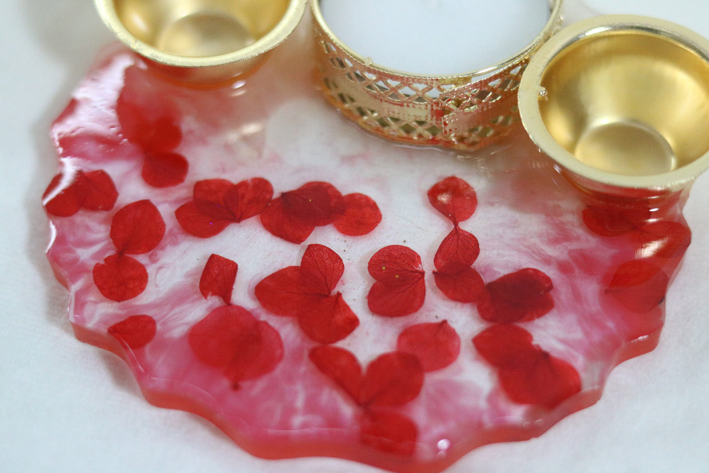 "Radiant Red Petal Resin Pooja Thali with Golden Diya Holders"