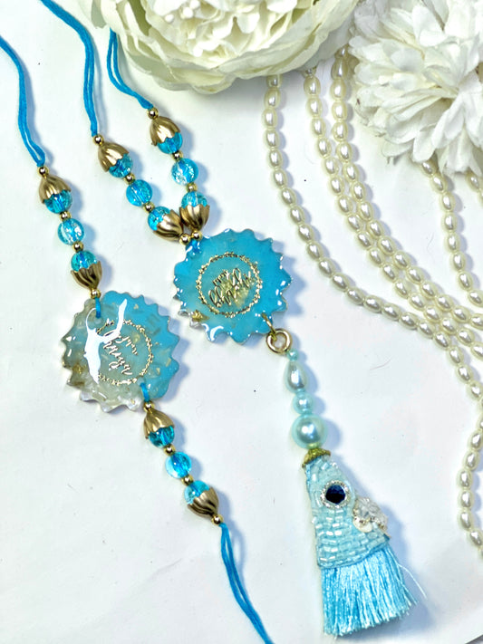 Luxurious Bhai & Bhabhi Latkan Rakhi Set🌟💎- Blue