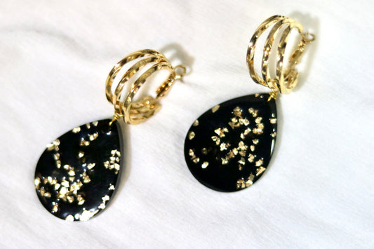 BLACK GOLD CRYSTALS DANGLING RESIN EARINGS