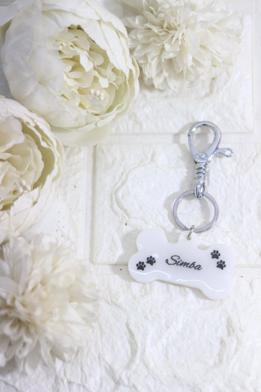 Pawrfect-Custom White Resin Dog Tag with Name and Paw Prints