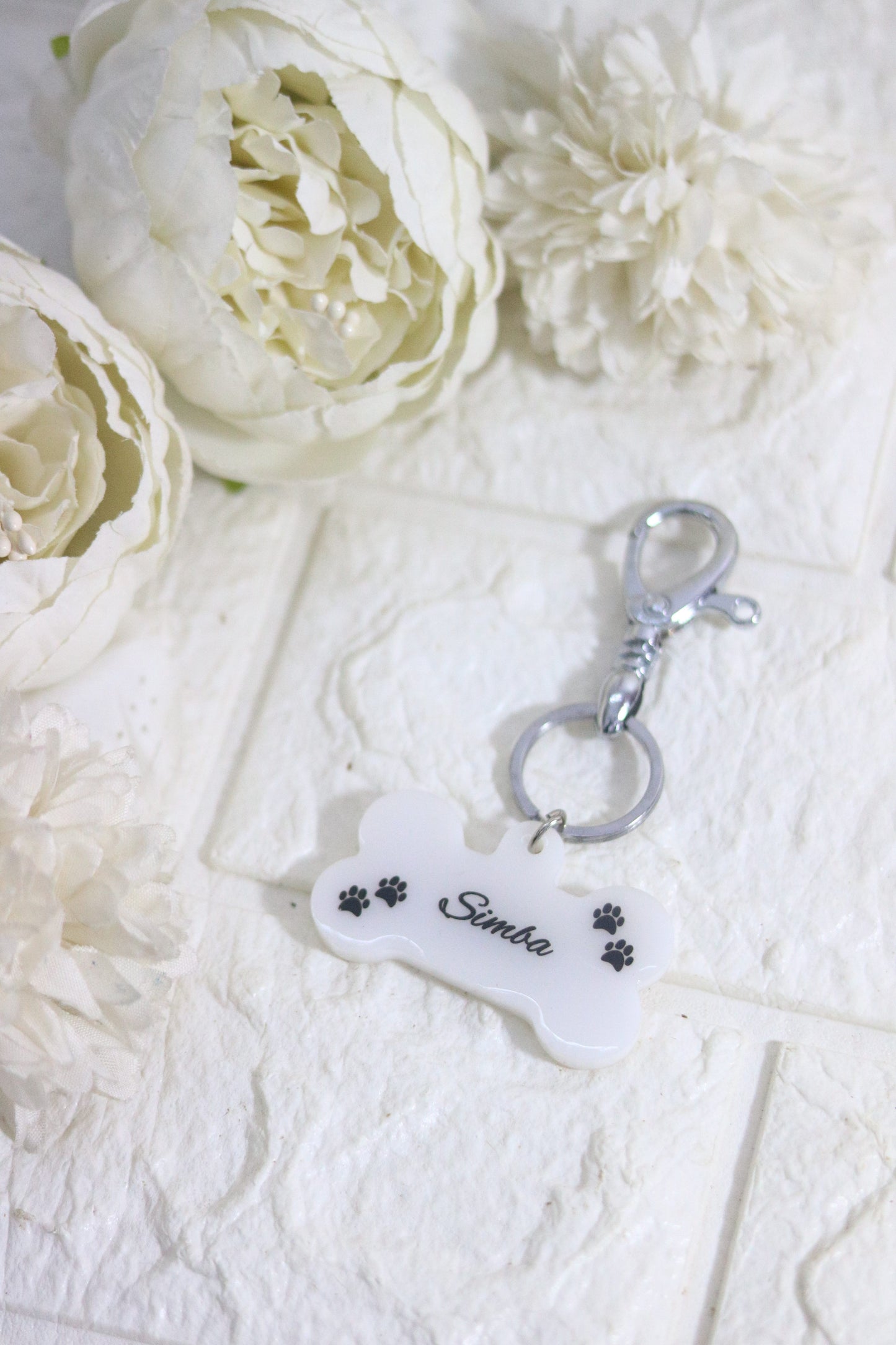 Pawrfect-Custom White Resin Dog Tag with Name and Paw Prints