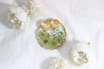 "Floral Harmony: Handcrafted Green Flower Resin Pooja Thali"