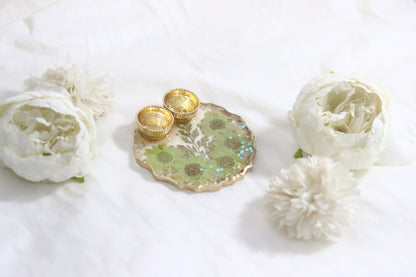 "Floral Harmony: Handcrafted Green Flower Resin Pooja Thali"