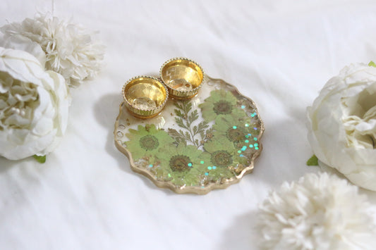 "Floral Harmony: Handcrafted Green Flower Resin Pooja Thali"