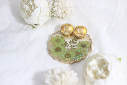 "Floral Harmony: Handcrafted Green Flower Resin Pooja Thali"