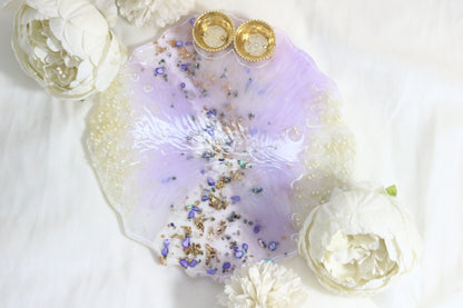 "Exquisite Lavender & Gold Resin Pooja Thali with Pearl Embellishments"- Big