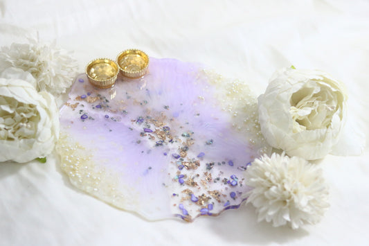 "Exquisite Lavender & Gold Resin Pooja Thali with Pearl Embellishments"- Big