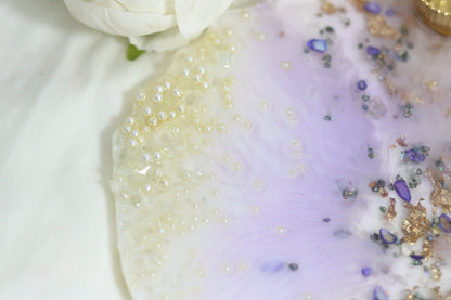 "Exquisite Lavender & Gold Resin Pooja Thali with Pearl Embellishments"- Big