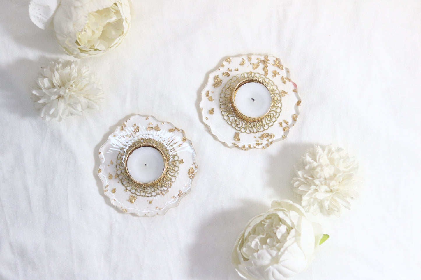 "Illuminate Your Festivities with Exquisite Resin Gold Flakes Tea Light Holders - Now in a Special Combo Offer!"- Set of 2