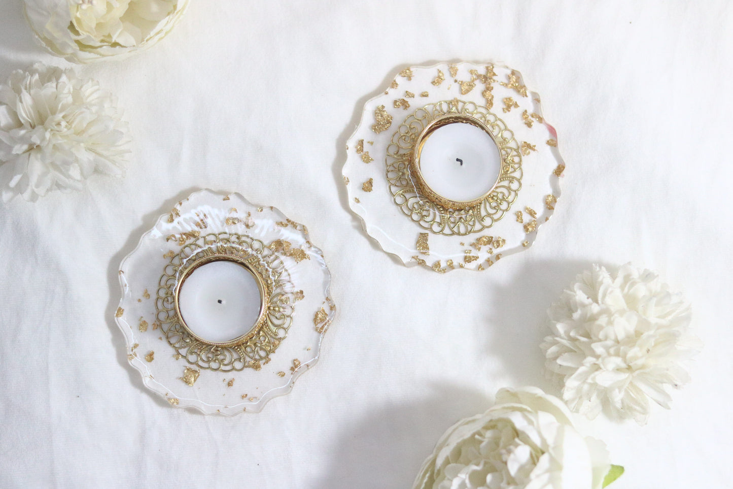 "Illuminate Your Festivities with Exquisite Resin Gold Flakes Tea Light Holders - Now in a Special Combo Offer!"- Set of 2