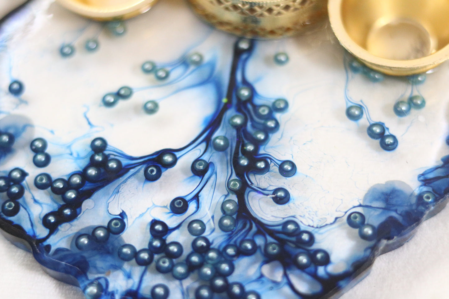 Deep Blue Resin Pooja Thali with Roli Chawal Holders and Diya Holder"