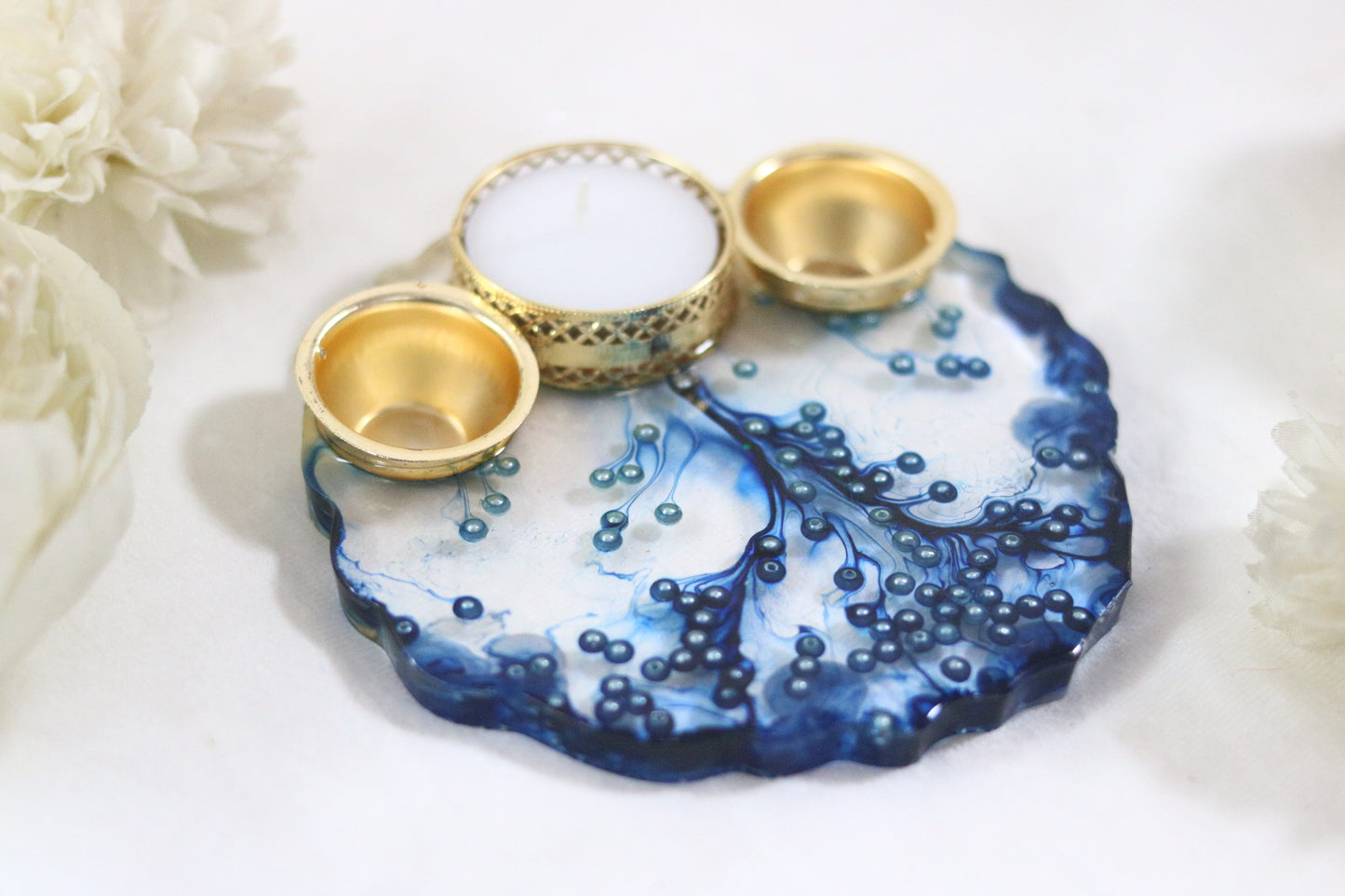 Deep Blue Resin Pooja Thali with Roli Chawal Holders and Diya Holder"