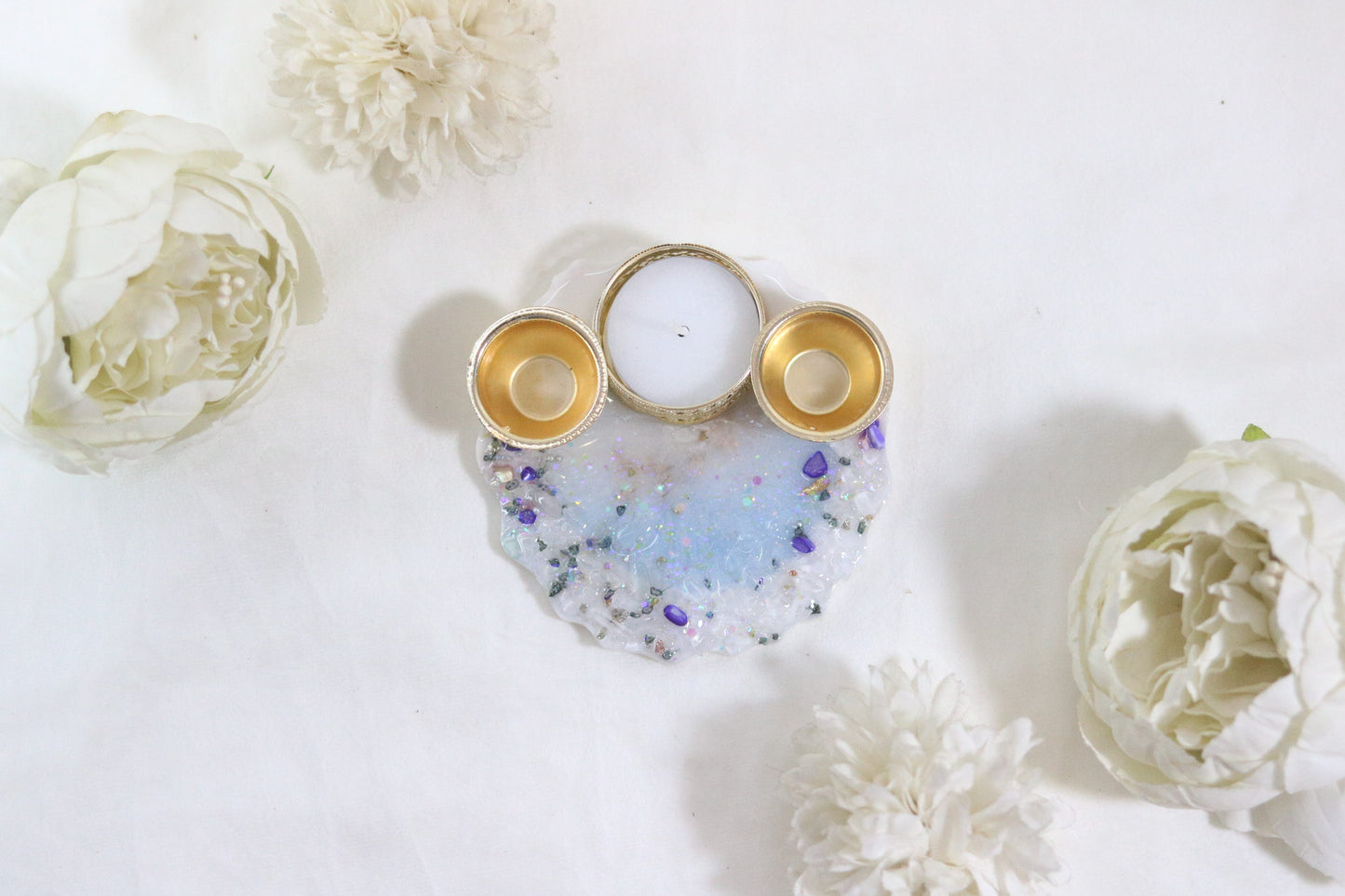 "Shimmering Opal:Blue Iridescent Resin Thali with Crystal Accents"