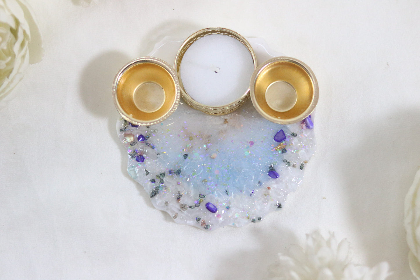 "Shimmering Opal:Blue Iridescent Resin Thali with Crystal Accents"