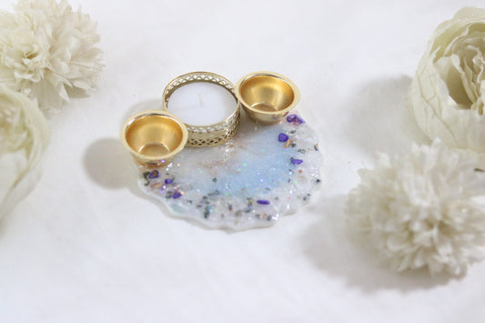 "Shimmering Opal:Blue Iridescent Resin Thali with Crystal Accents"