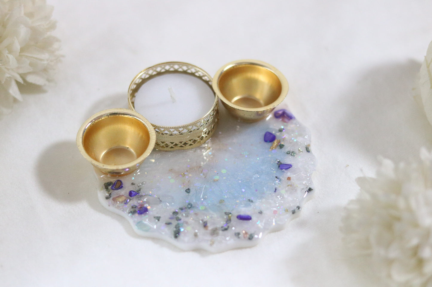 "Shimmering Opal:Blue Iridescent Resin Thali with Crystal Accents"