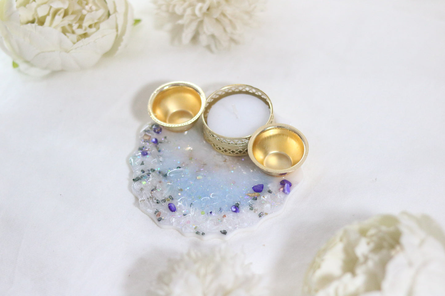 "Shimmering Opal:Blue Iridescent Resin Thali with Crystal Accents"