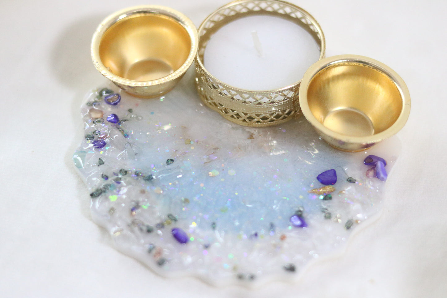 "Shimmering Opal:Blue Iridescent Resin Thali with Crystal Accents"