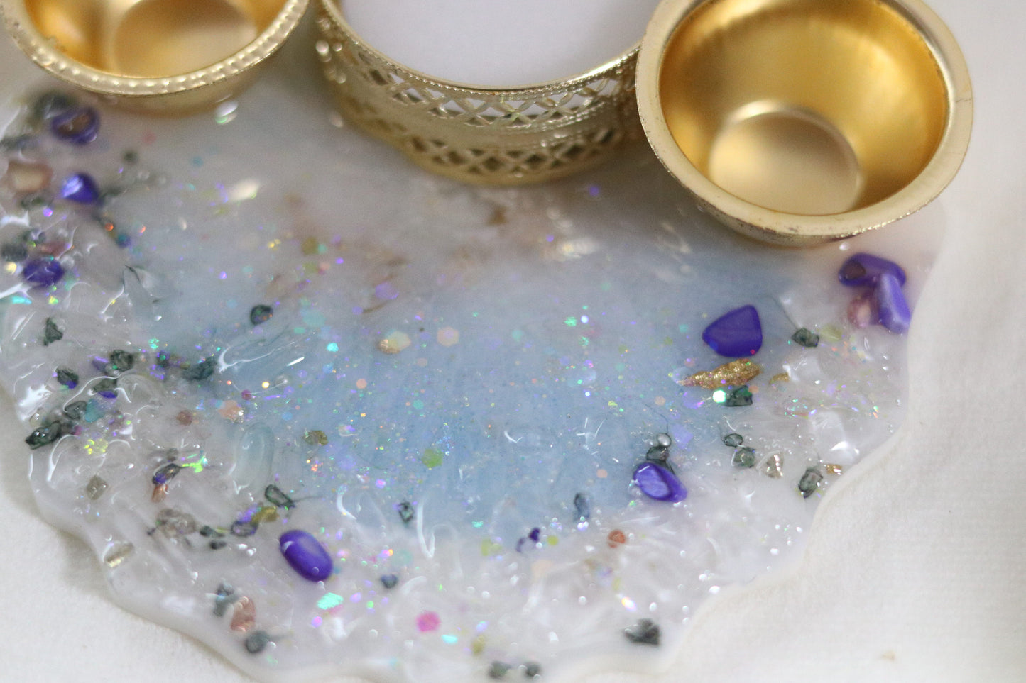 "Shimmering Opal:Blue Iridescent Resin Thali with Crystal Accents"