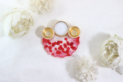 "Radiant Red Petal Resin Pooja Thali with Golden Diya Holders"