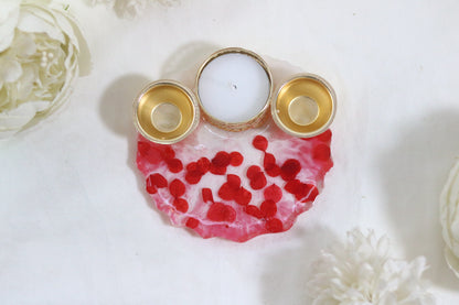 "Radiant Red Petal Resin Pooja Thali with Golden Diya Holders"