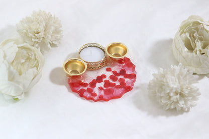 "Radiant Red Petal Resin Pooja Thali with Golden Diya Holders"