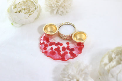 "Radiant Red Petal Resin Pooja Thali with Golden Diya Holders"