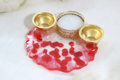 "Radiant Red Petal Resin Pooja Thali with Golden Diya Holders"