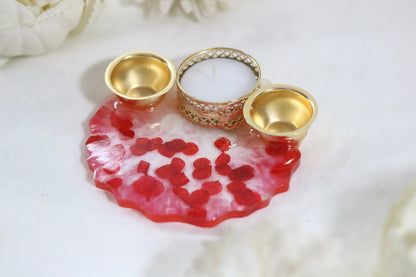 "Radiant Red Petal Resin Pooja Thali with Golden Diya Holders"