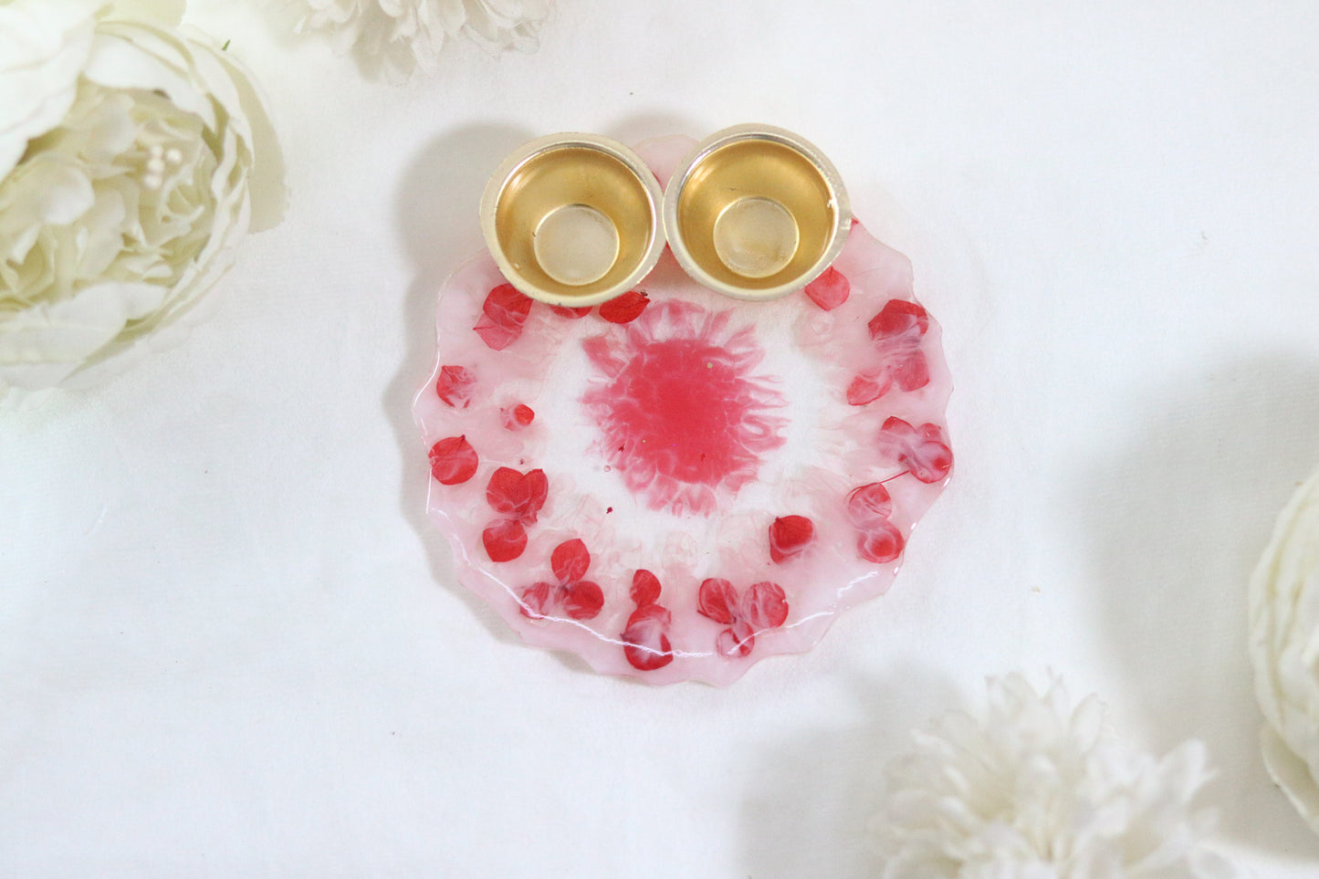 "Handcrafted Red Floral Resin Pooja Thali with Golden Diya Holders"