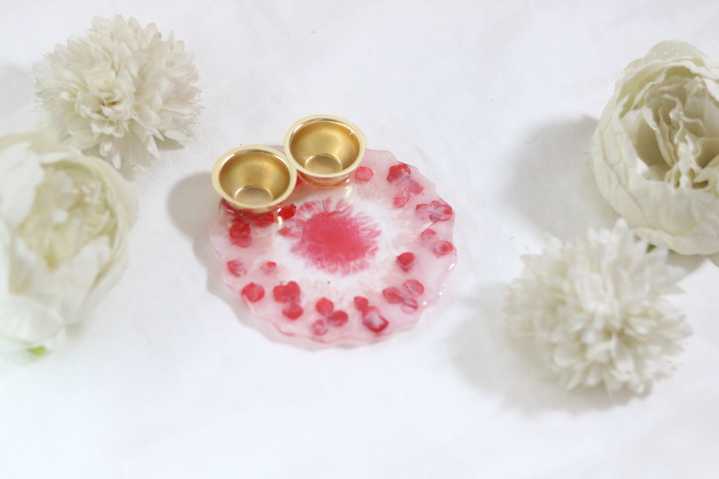 "Handcrafted Red Floral Resin Pooja Thali with Golden Diya Holders"