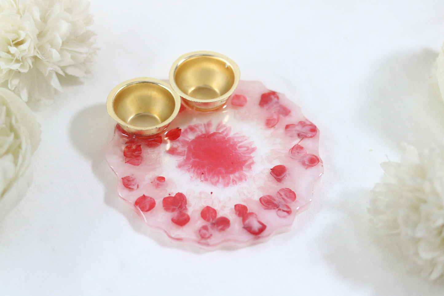 "Handcrafted Red Floral Resin Pooja Thali with Golden Diya Holders"