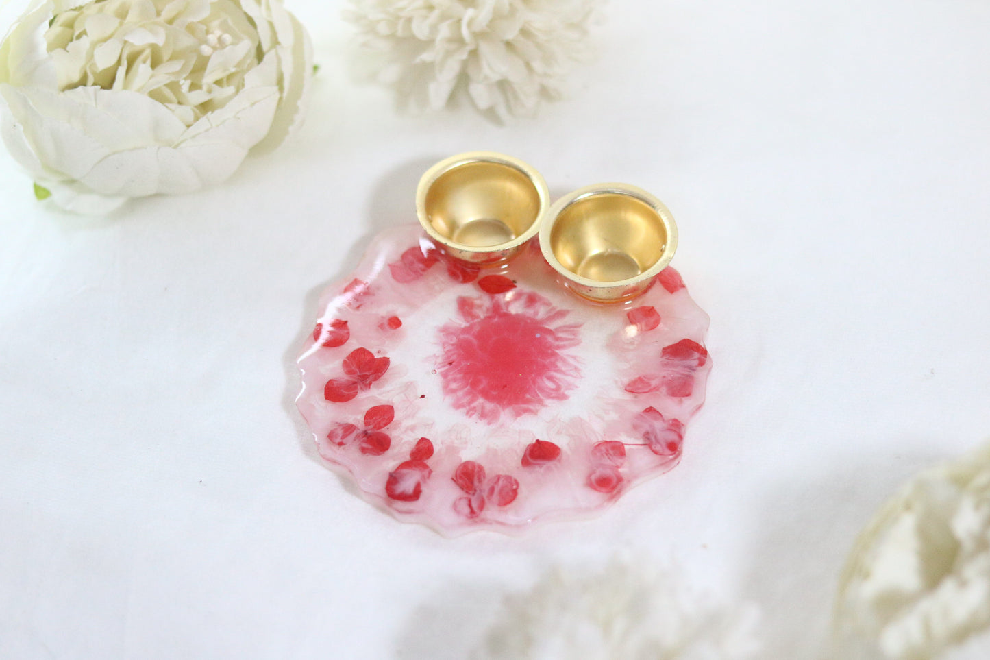 "Handcrafted Red Floral Resin Pooja Thali with Golden Diya Holders"