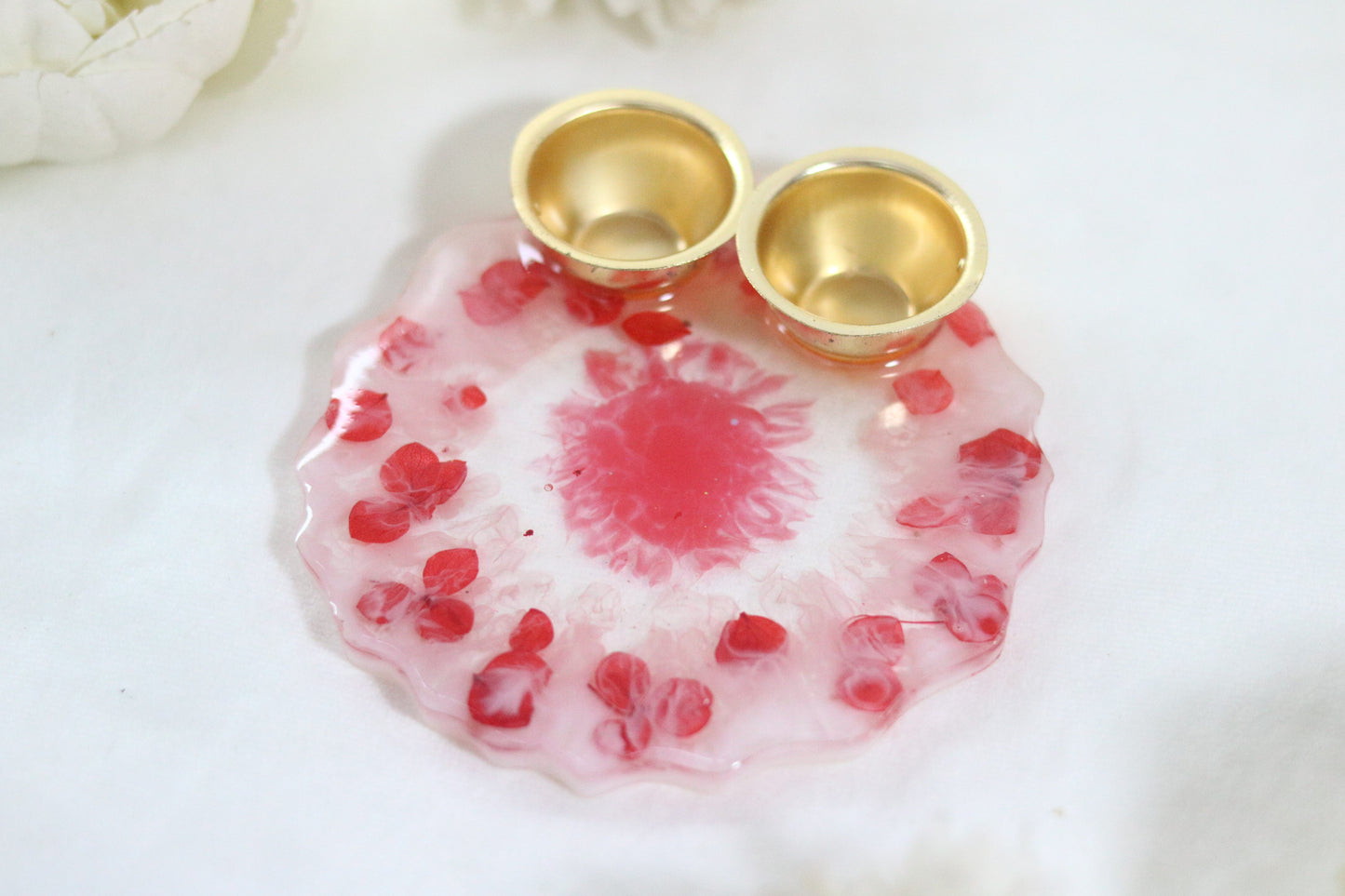 "Handcrafted Red Floral Resin Pooja Thali with Golden Diya Holders"