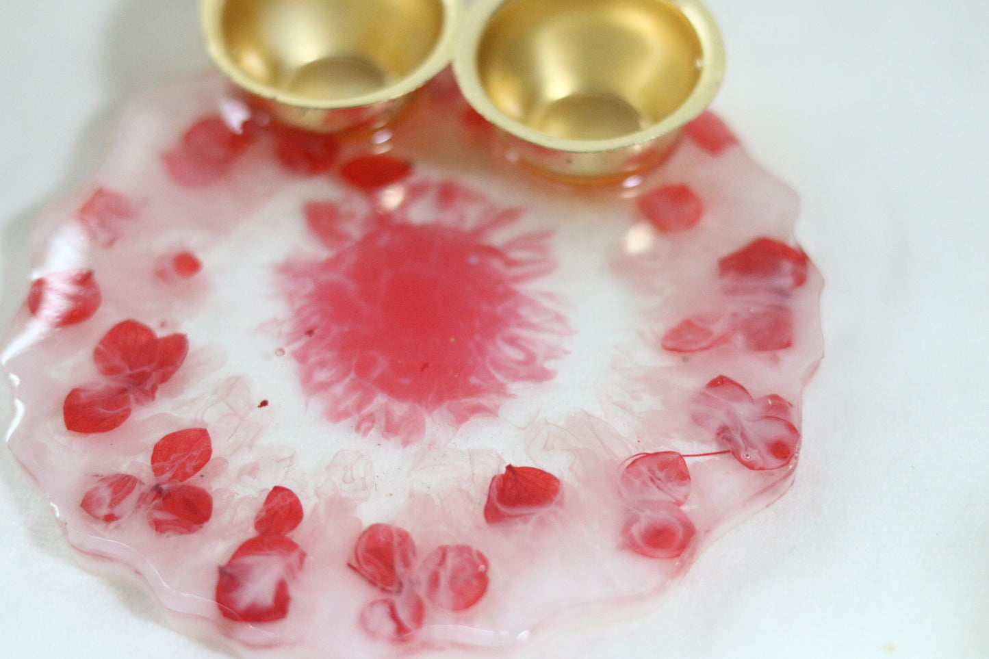 "Handcrafted Red Floral Resin Pooja Thali with Golden Diya Holders"