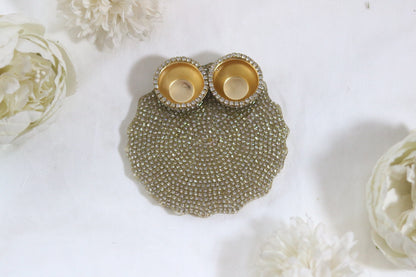 "Luxurious 5-Inch Resin Pooja Thali with Rhinestone and Gold Roli Holders"