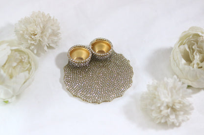 "Luxurious 5-Inch Resin Pooja Thali with Rhinestone and Gold Roli Holders"