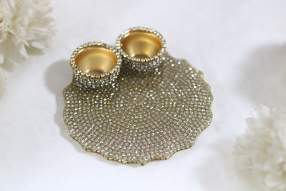 "Luxurious 5-Inch Resin Pooja Thali with Rhinestone and Gold Roli Holders"
