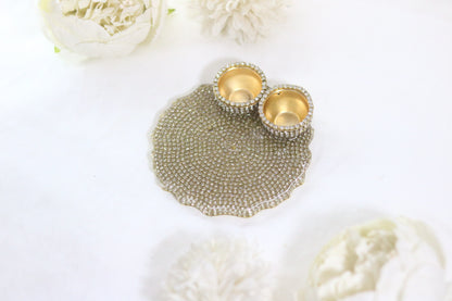 "Luxurious 5-Inch Resin Pooja Thali with Rhinestone and Gold Roli Holders"