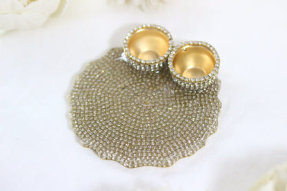 "Luxurious 5-Inch Resin Pooja Thali with Rhinestone and Gold Roli Holders"
