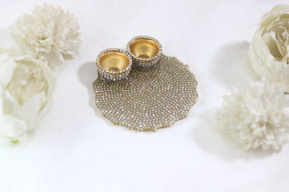 "Luxurious 5-Inch Resin Pooja Thali with Rhinestone and Gold Roli Holders"
