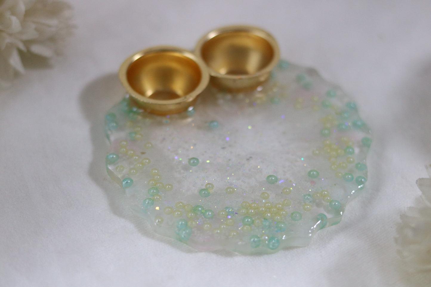 Sparkling Serenity Resin Pooja Thali with Pastel Beads"