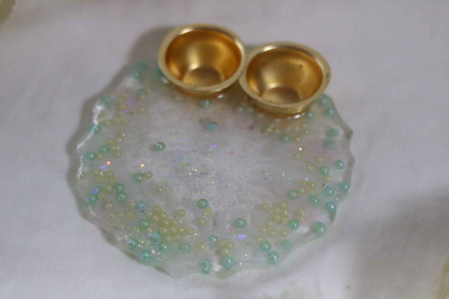 Sparkling Serenity Resin Pooja Thali with Pastel Beads"