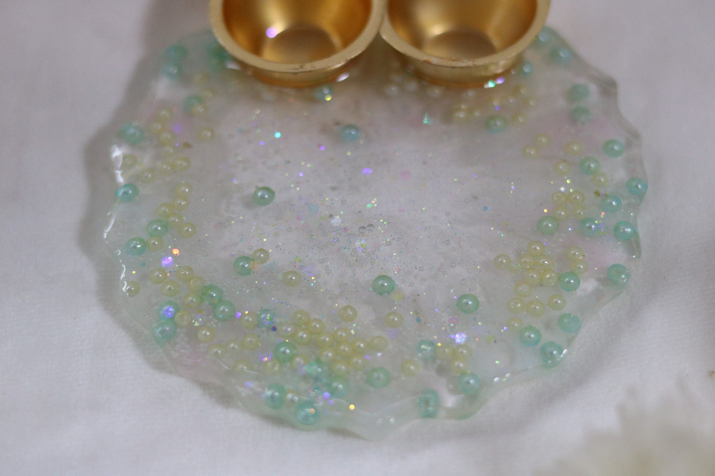 Sparkling Serenity Resin Pooja Thali with Pastel Beads"