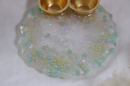Sparkling Serenity Resin Pooja Thali with Pastel Beads"