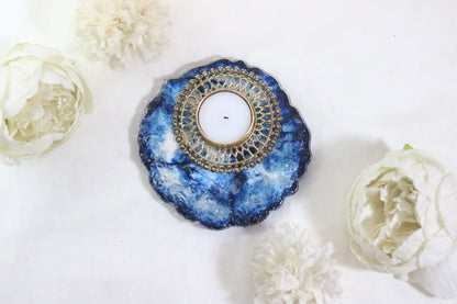 Midnight Blue Resin Diya Holder with Intricate Gold Design"