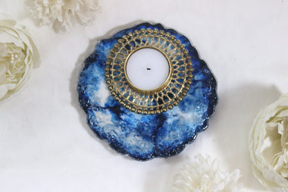 Midnight Blue Resin Diya Holder with Intricate Gold Design"