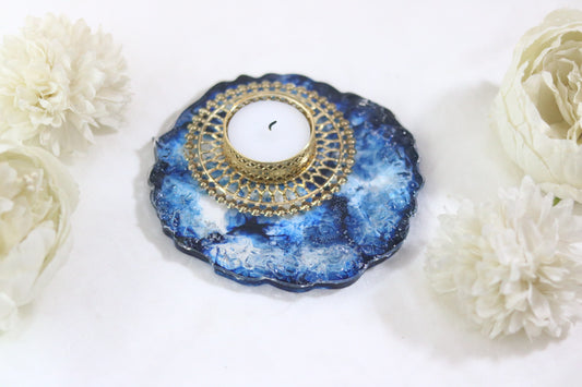 Midnight Blue Resin Diya Holder with Intricate Gold Design"